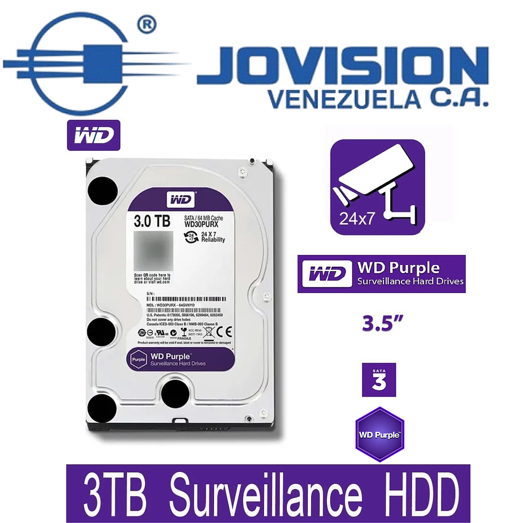 Disco Duro Western Digital 3TB Purple 3.5 64mb Sata New Especial Dvr Cctv Video Vigilancia- Sellados Nuevos-AGOTADOS