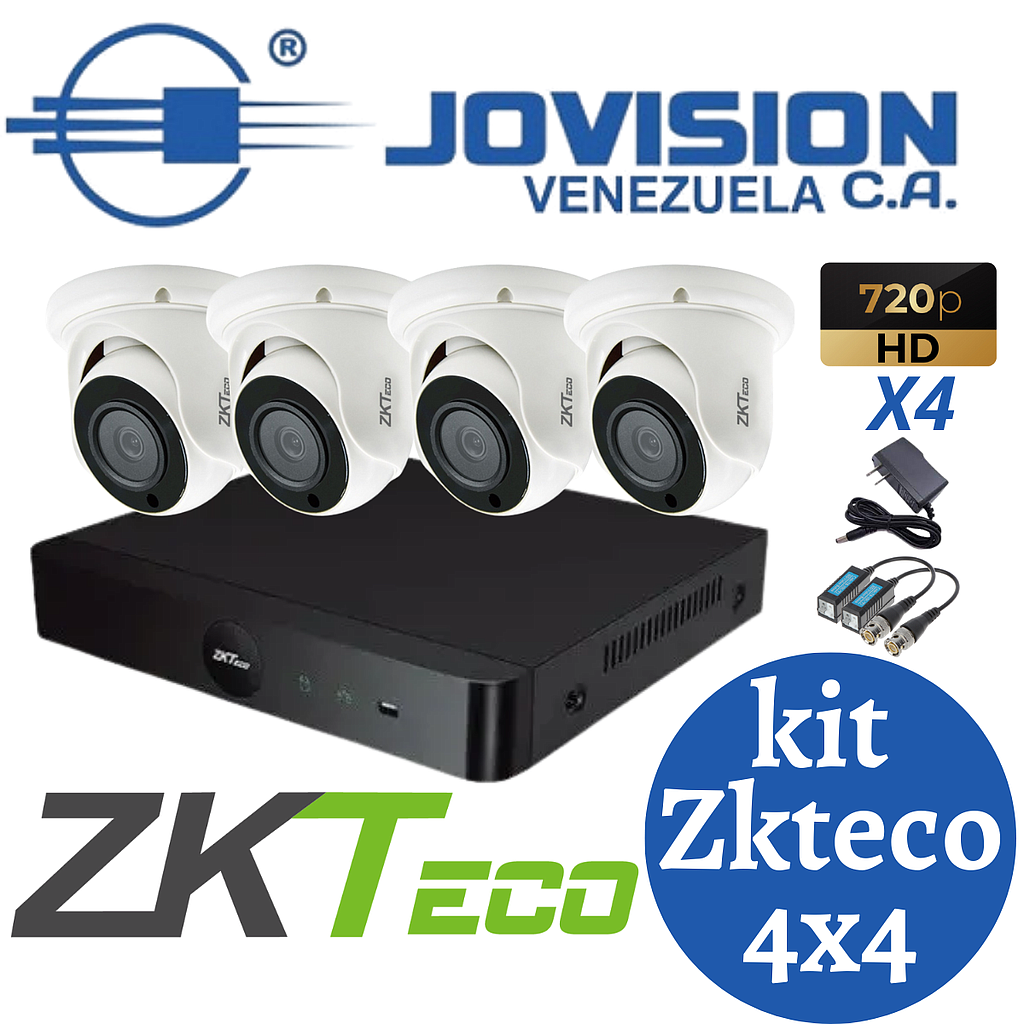 Kit Camaras De Seguridad Zkteco Dvr 4 Canales+ 4Domos 720p+4VB+4Fuente 12v