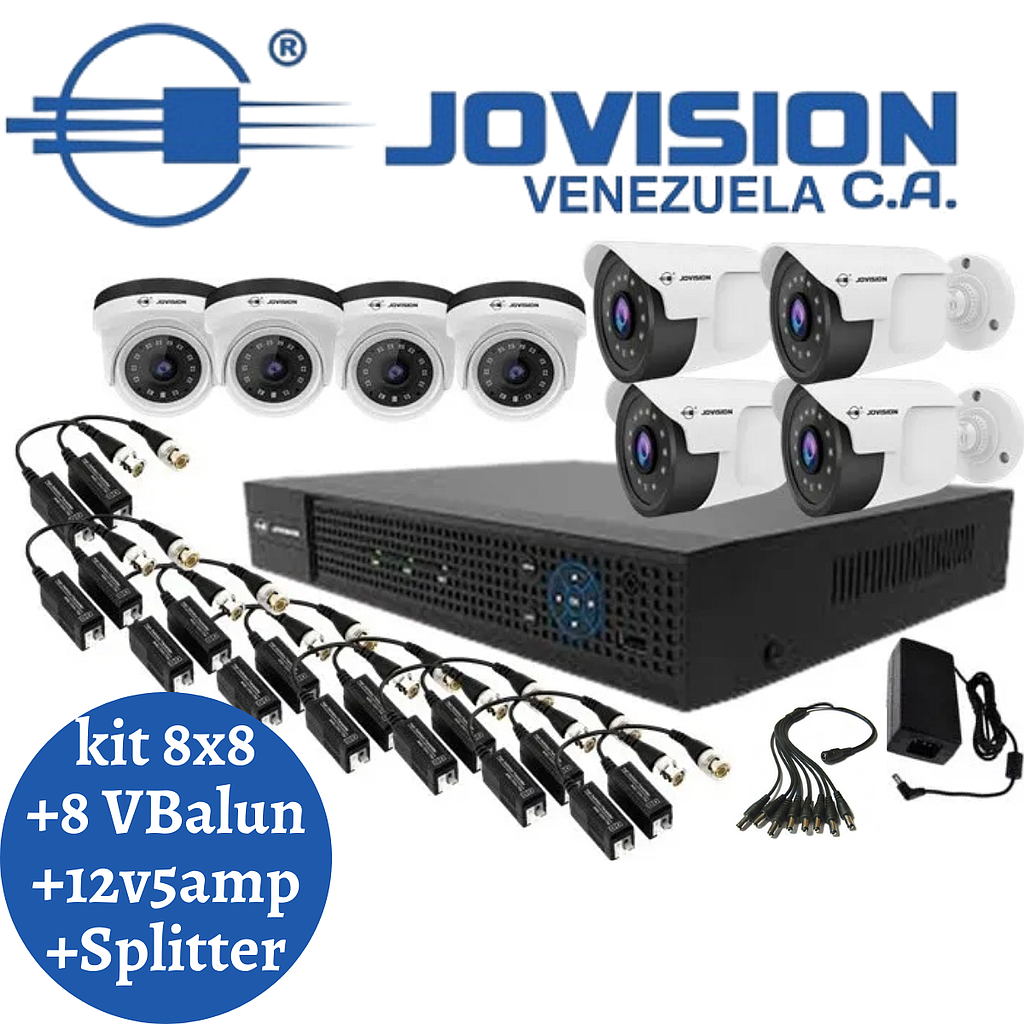 Kit Camaras De Seguridad Jovision 1080p Hd +8VB+2F 5amp +1 Splitter 1x8